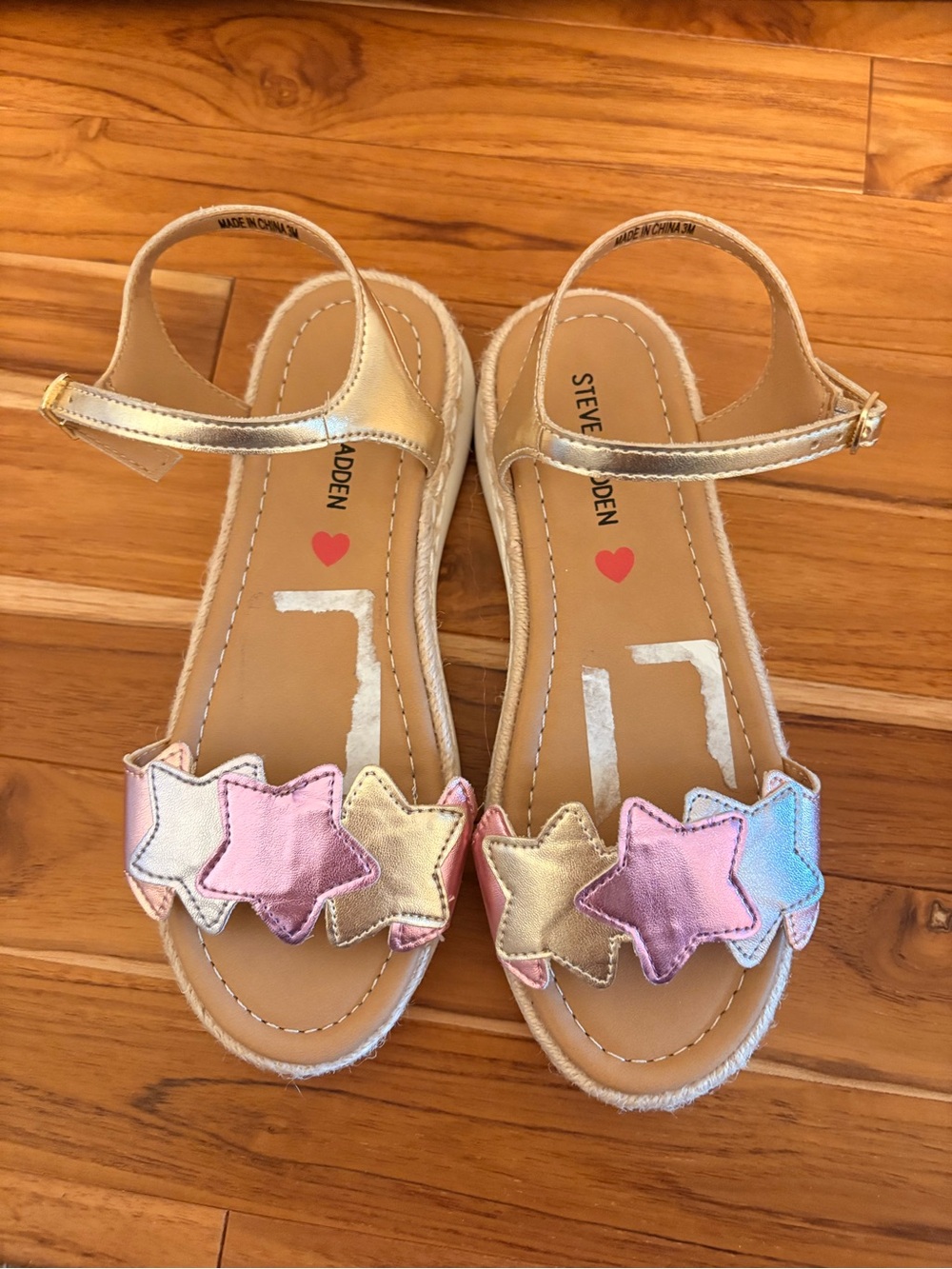 Steve Madden Metallic Gold Kids' Star Strap Sandals with Pink & Blue Accents